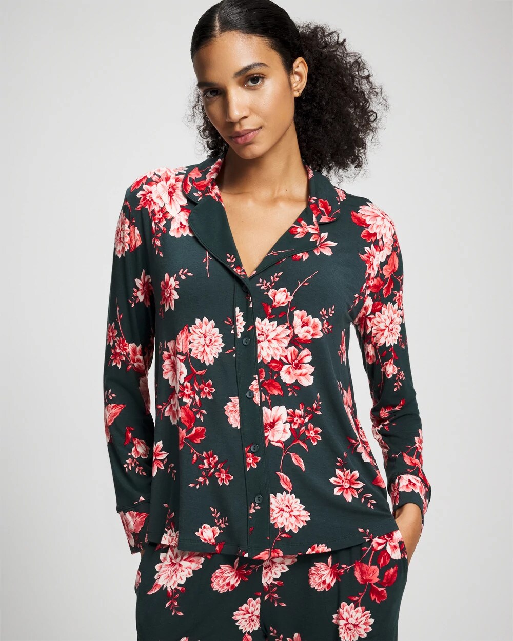 Soma Cool Nights Long Sleeve Notch Collar with Piped Placket Pajama Top
