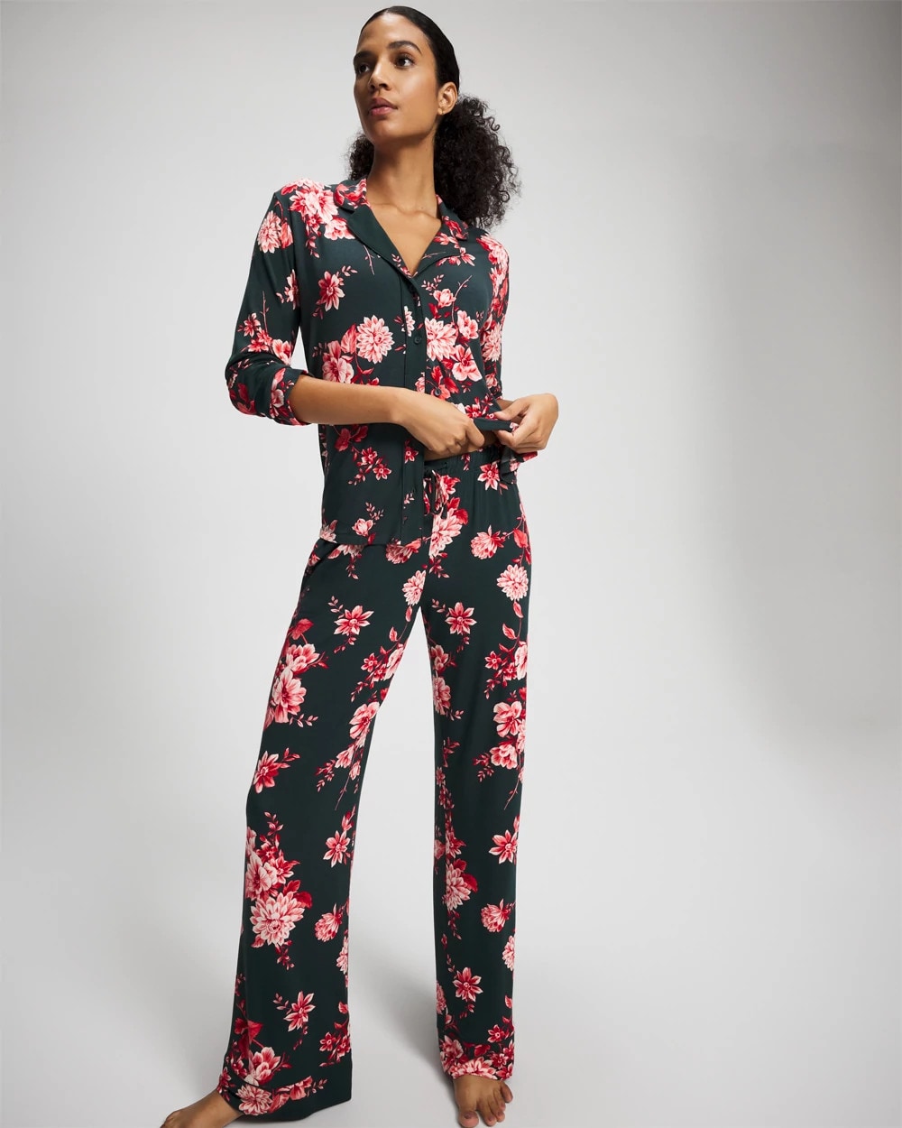 Soma Cool Nights Long Sleeve Notch Collar with Piped Placket Pajama Top
