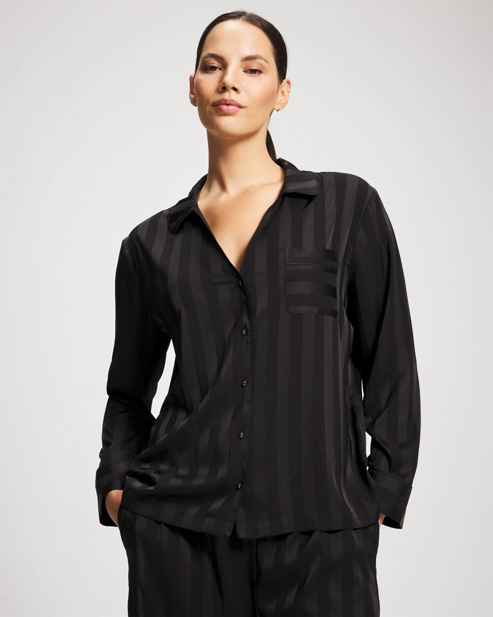 Soma Shadow Stripe Long Sleeve Pajama Notch Collar Top