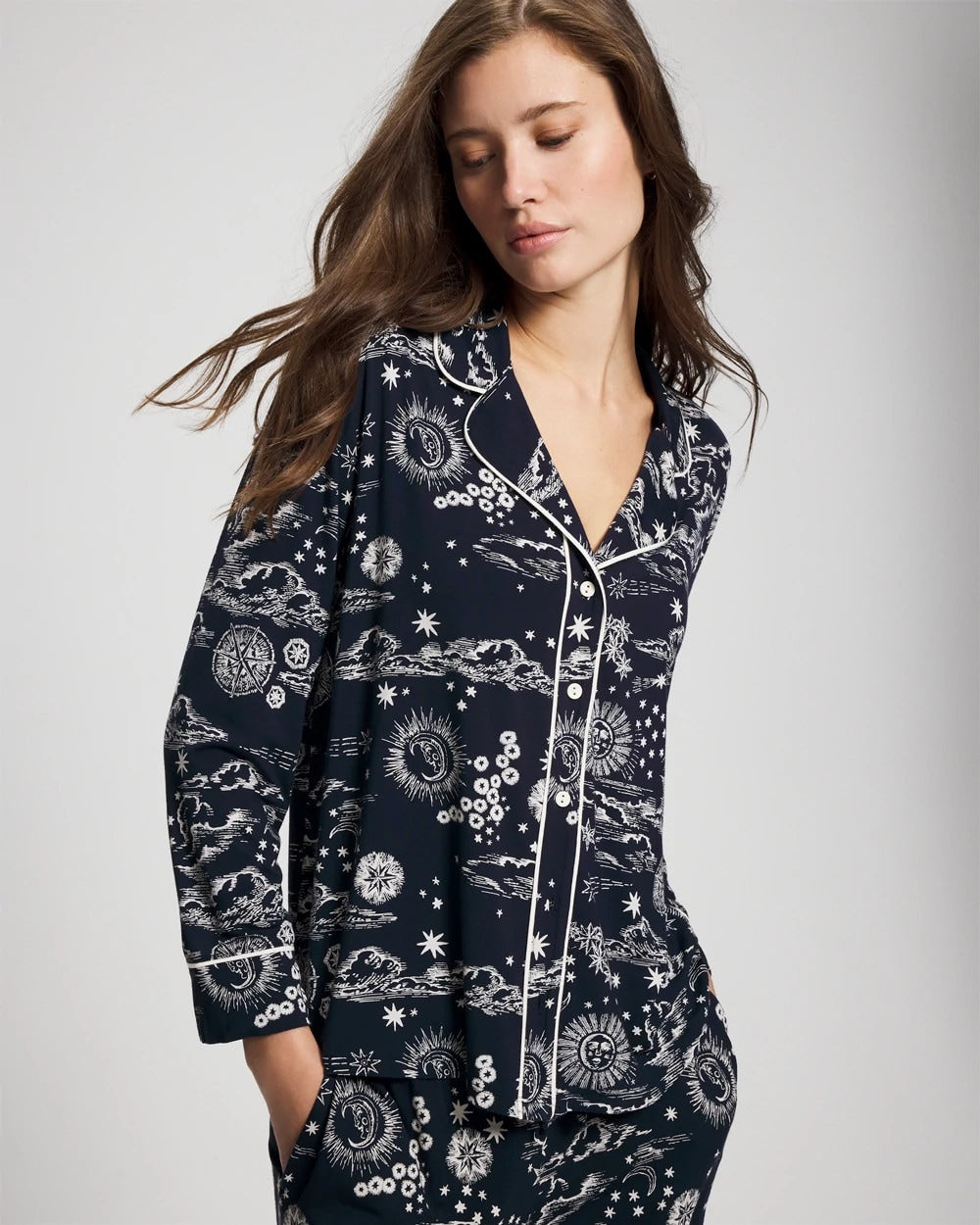 Soma Cool Nights Long Sleeve Notch Collar with Piped Placket Pajama Top