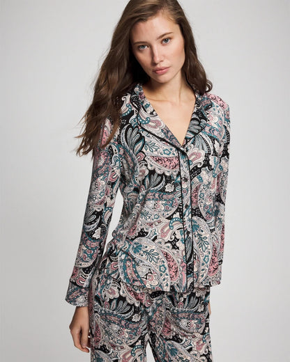 Soma Cool Nights Long Sleeve Notch Collar with Piped Placket Pajama Top