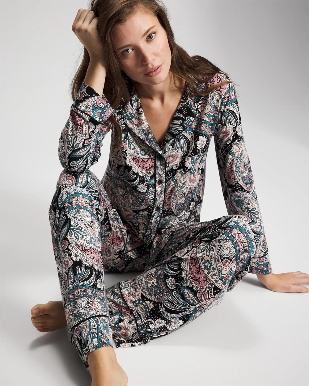 Soma Cool Nights Long Sleeve Notch Collar with Piped Placket Pajama Top