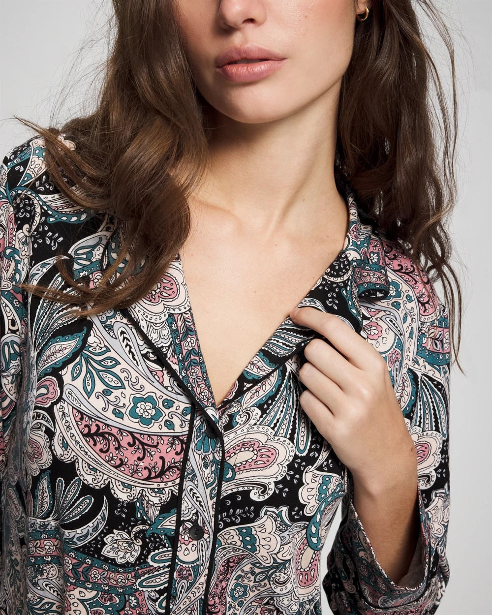 Soma Cool Nights Long Sleeve Notch Collar with Piped Placket Pajama Top
