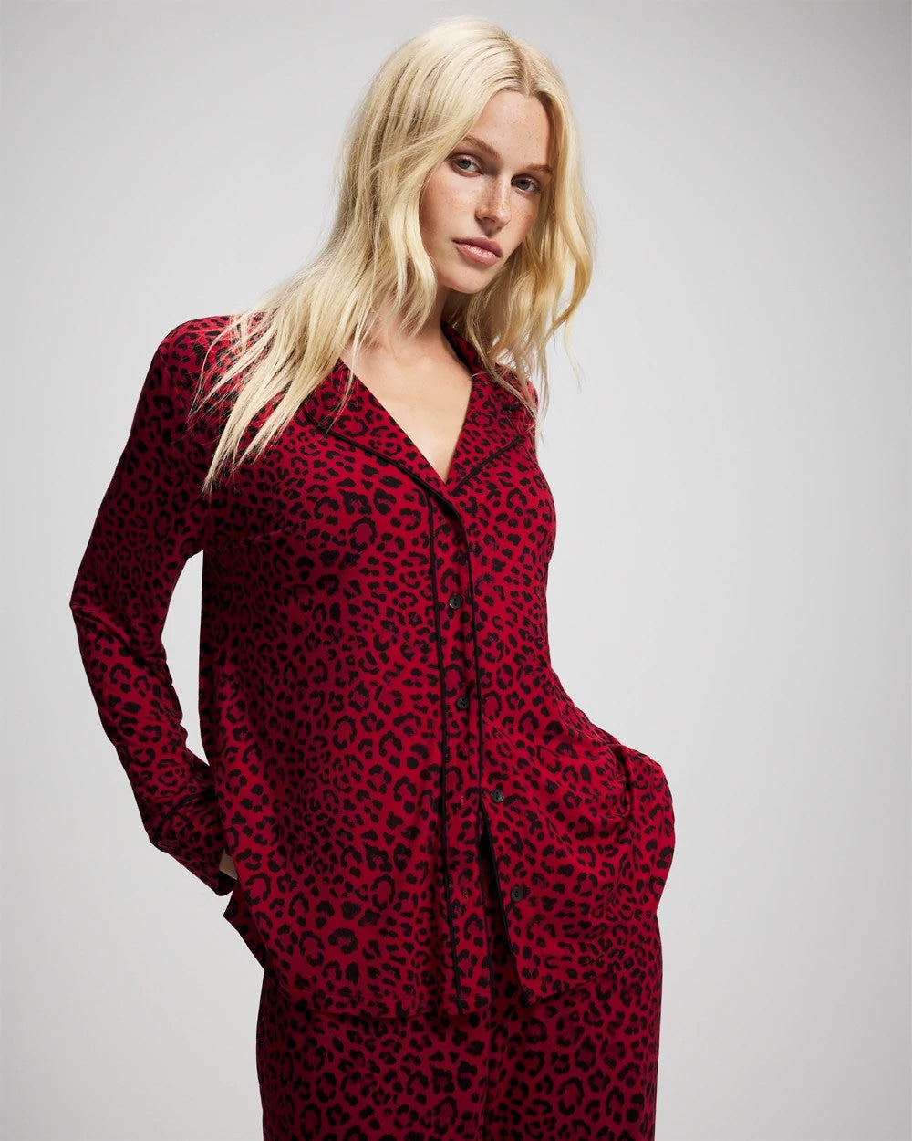 Soma Cool Nights Long Sleeve Notch Collar with Piped Placket Pajama Top