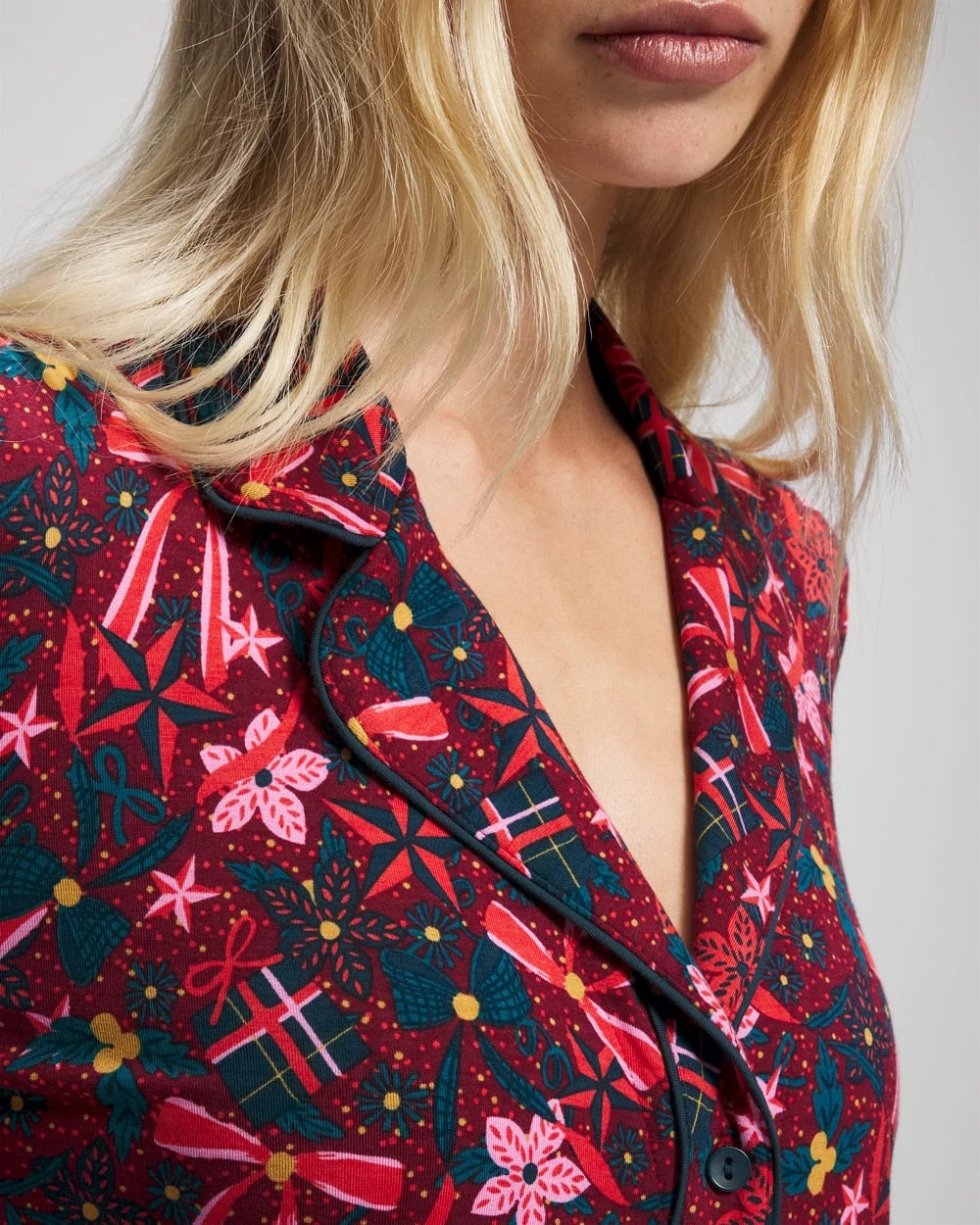 Soma Cool Nights Long Sleeve Notch Collar with Piped Placket Pajama Top
