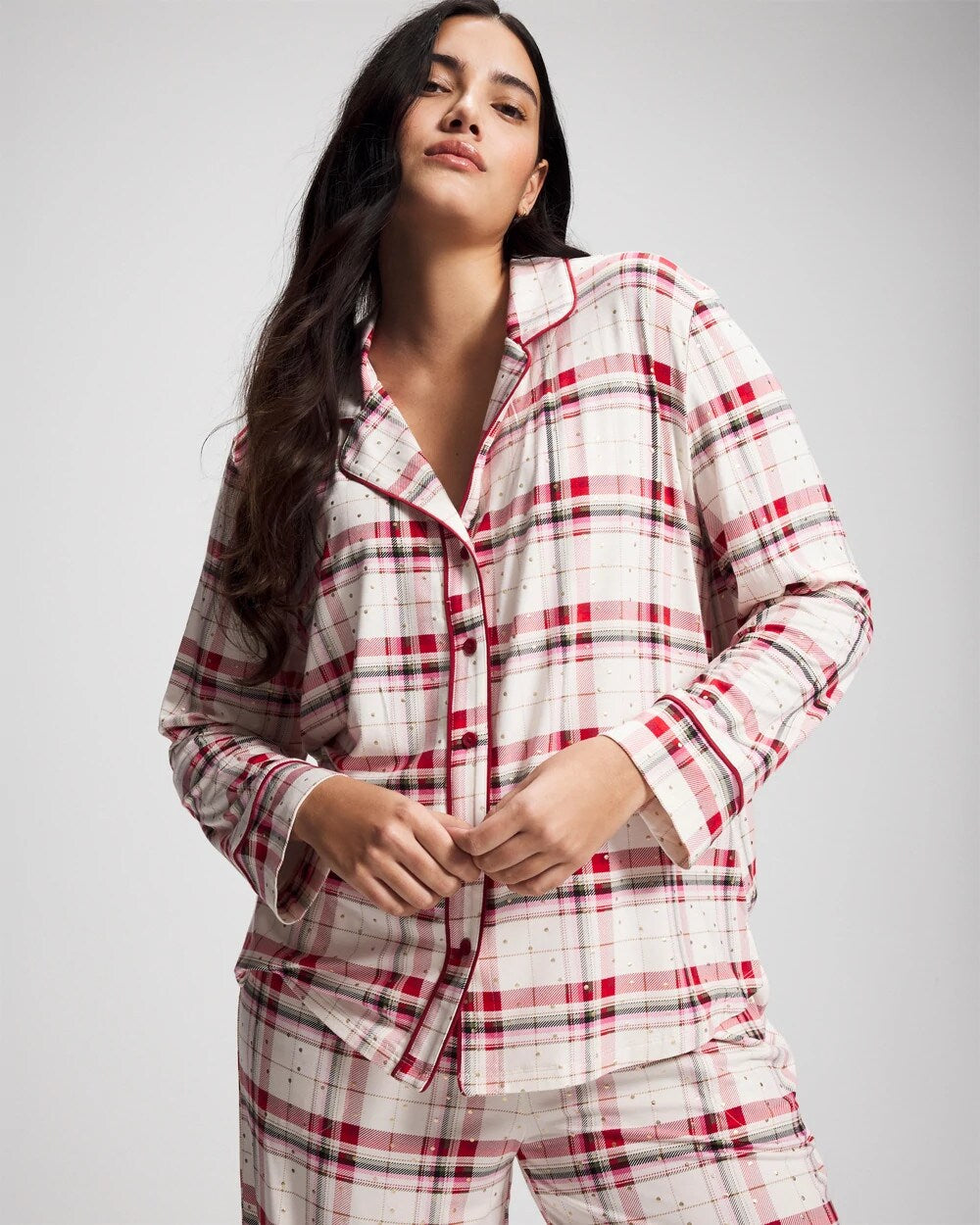 Soma Cool Nights Long Sleeve Notch Collar with Piped Placket Pajama Top