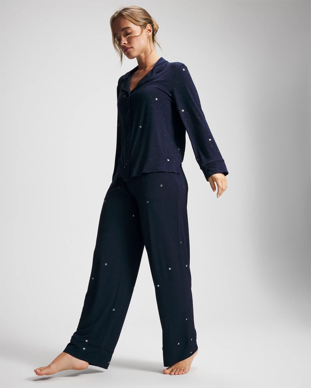 Soma Cool Nights Long Sleeve Notch Collar with Piped Placket Pajama Top