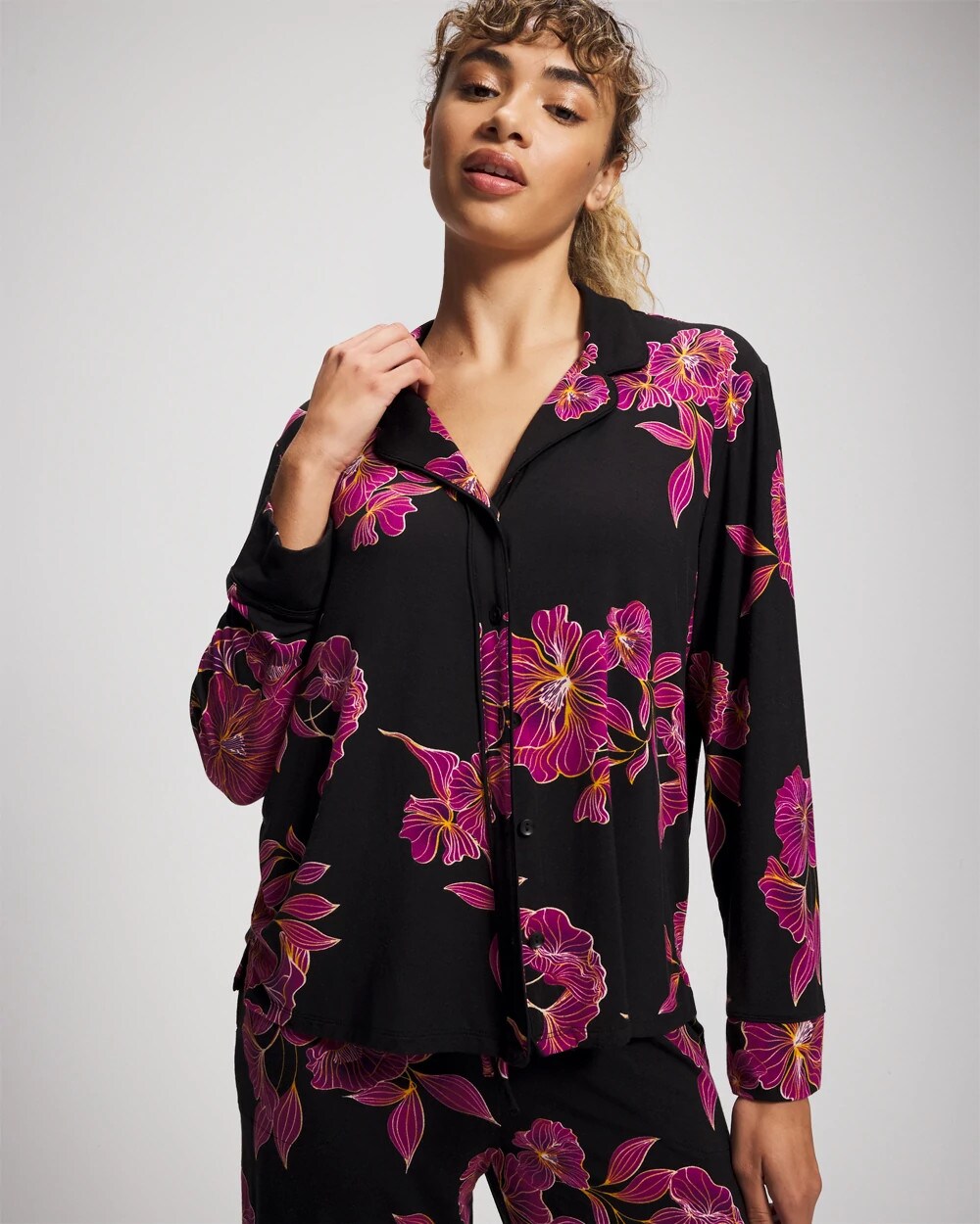 Soma Cool Nights Long Sleeve Notch Collar with Piped Placket Pajama Top