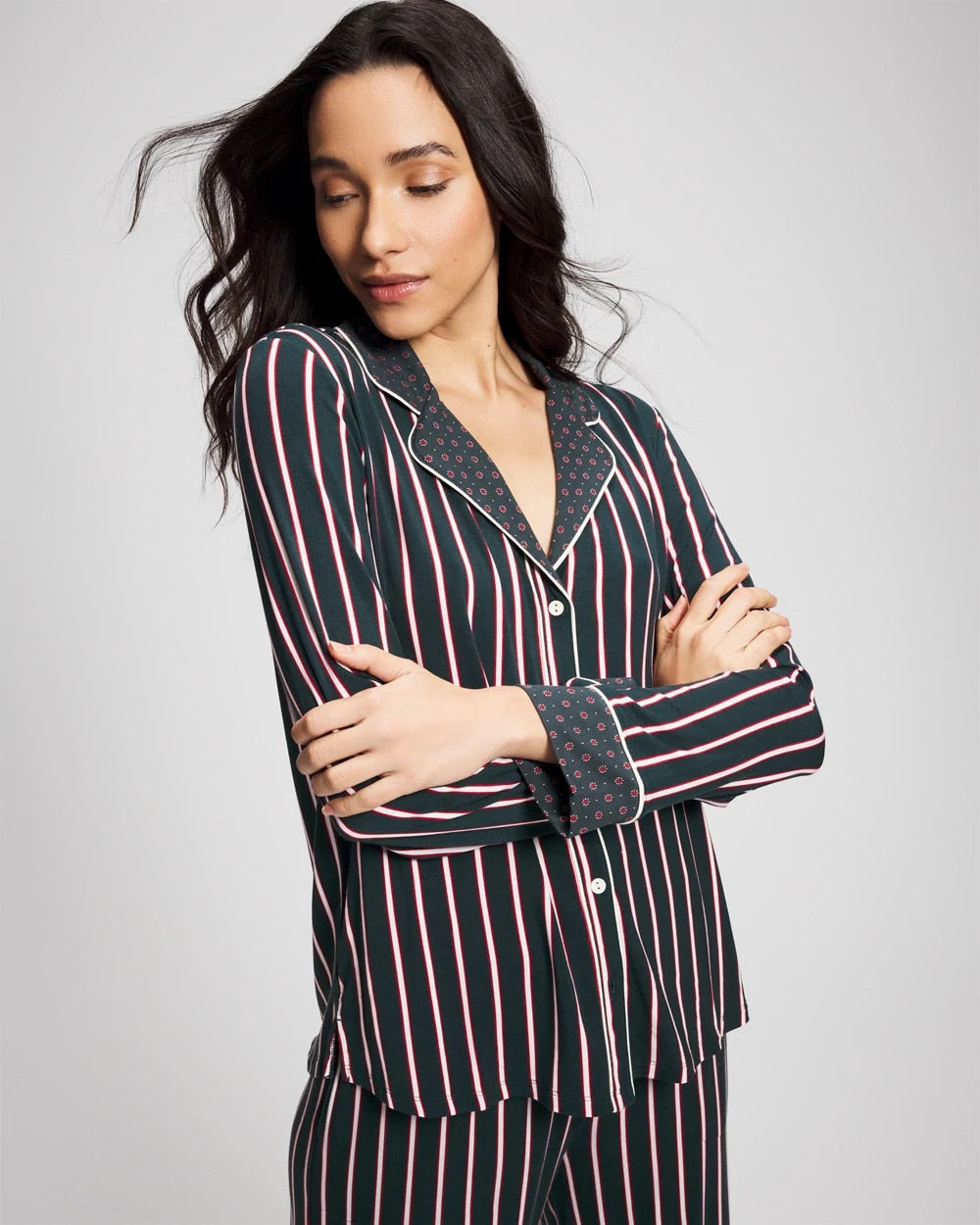 Soma Cool Nights Long Sleeve Notch Collar with Piped Placket Pajama Top