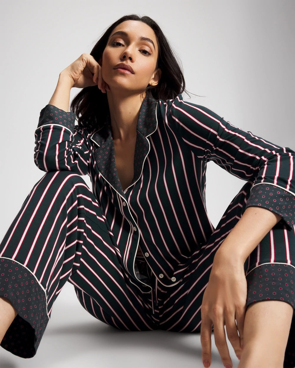 Soma Cool Nights Long Sleeve Notch Collar with Piped Placket Pajama Top