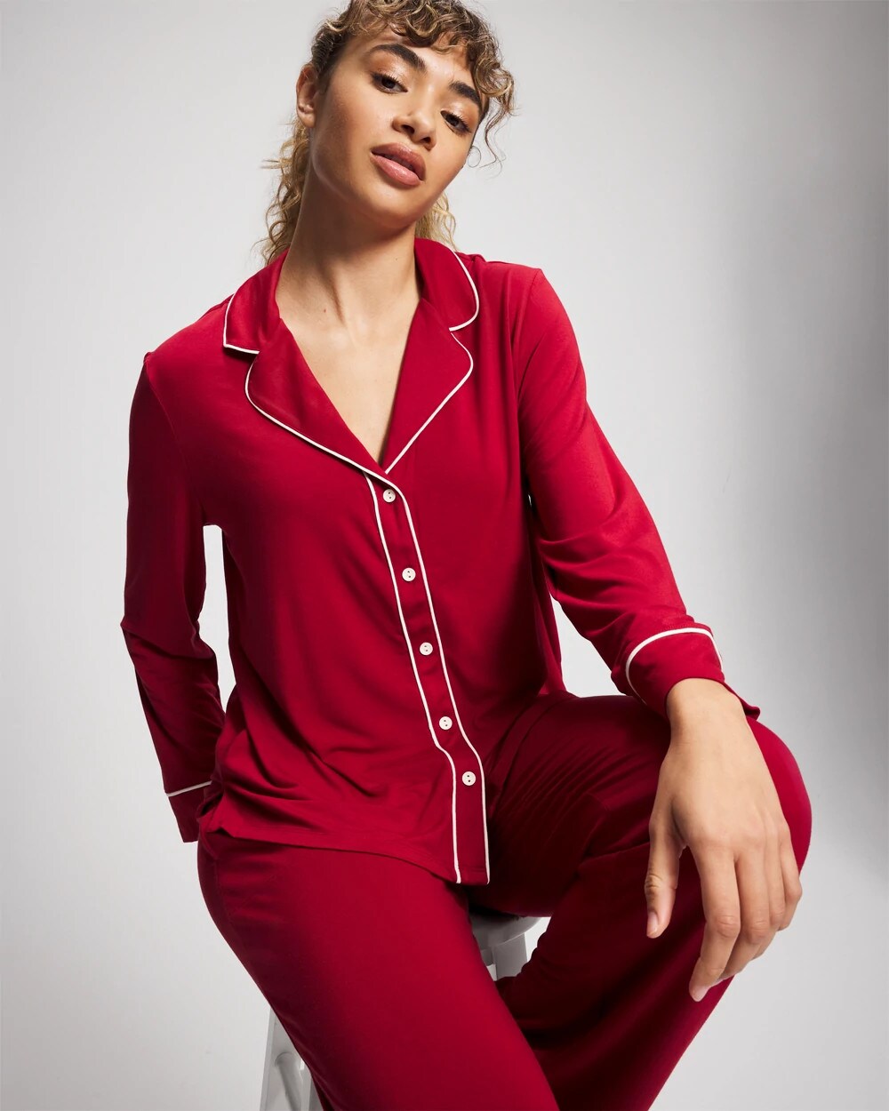 Soma Long Sleeve Notch Collar w/ Piped Placket Pajama Top