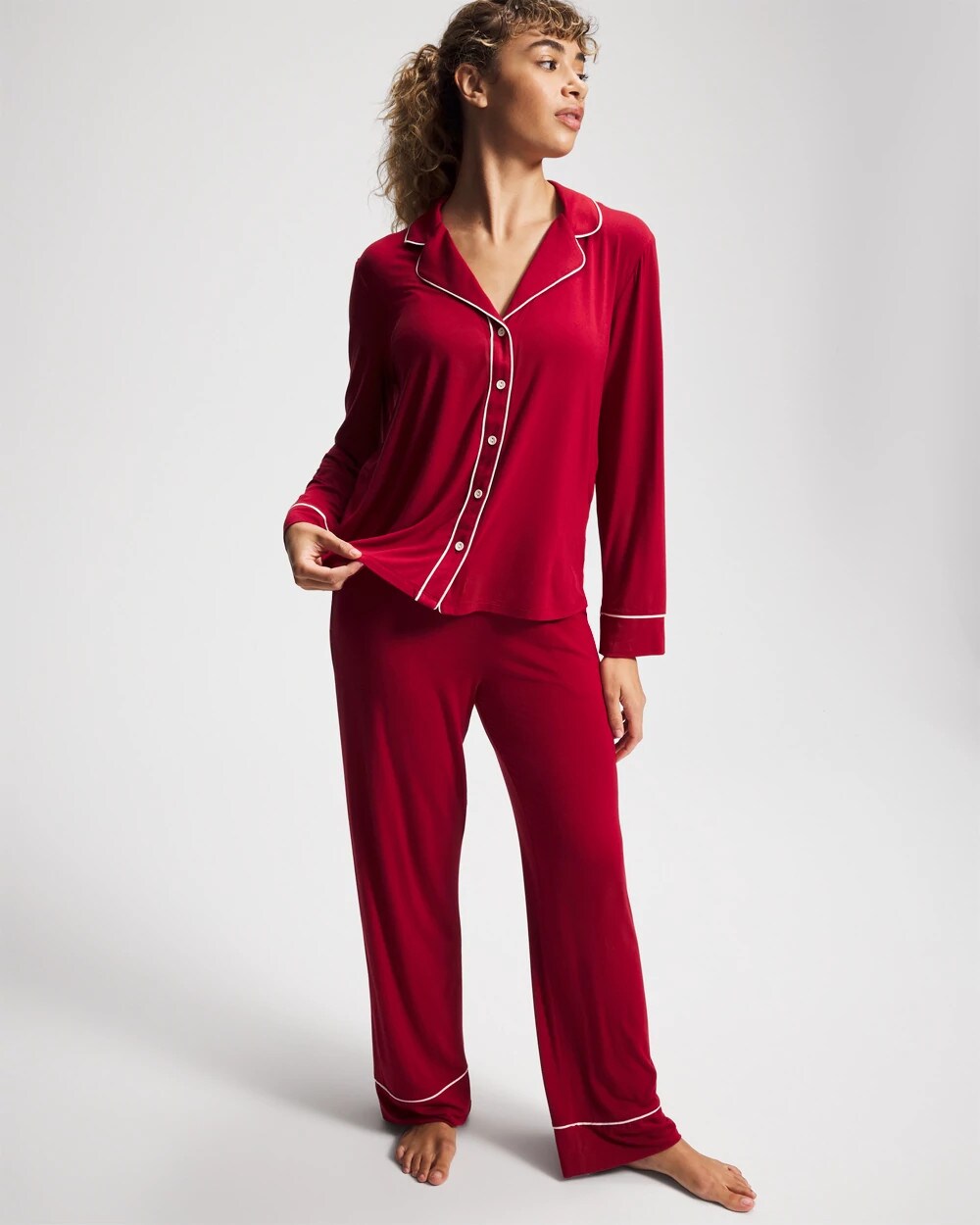 Soma Long Sleeve Notch Collar w/ Piped Placket Pajama Top