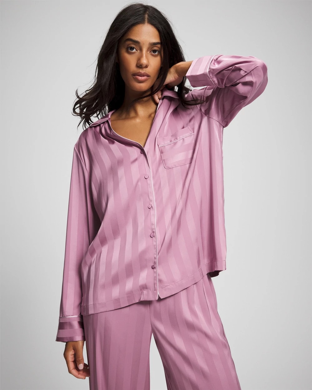 Soma Shadow Stripe Long Sleeve Pajama Notch Collar Top