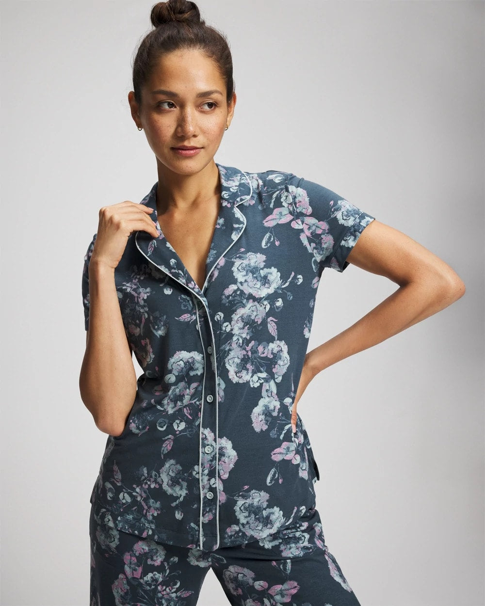 Soma Piped Short Sleeve Notch Collar Pajama Top