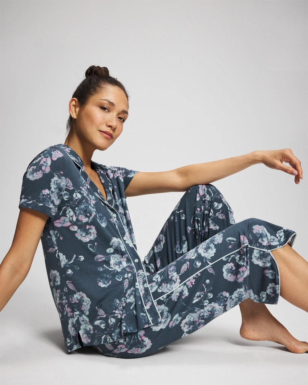 Soma Piped Short Sleeve Notch Collar Pajama Top