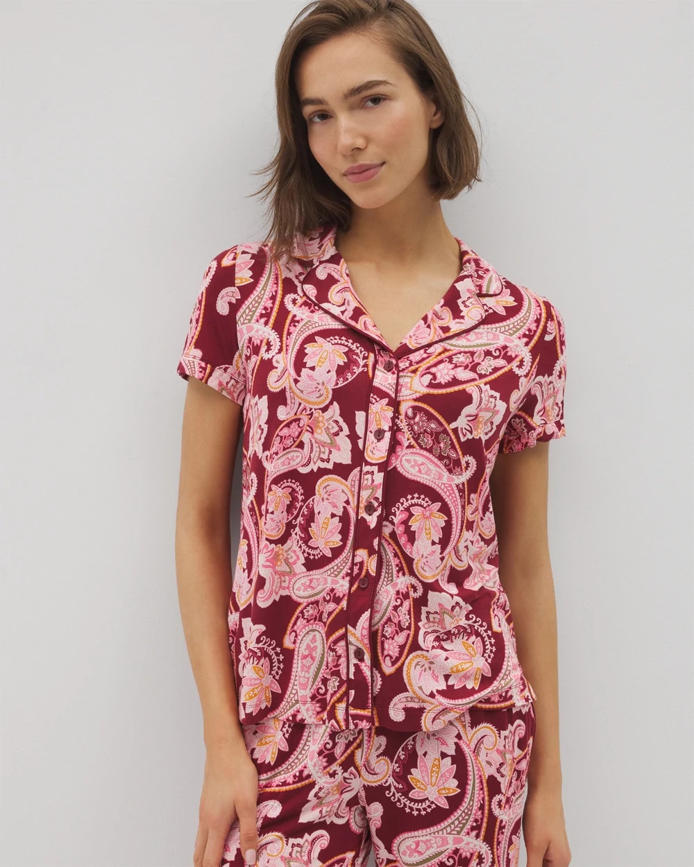 Soma Piped Short Sleeve Notch Collar Pajama Top