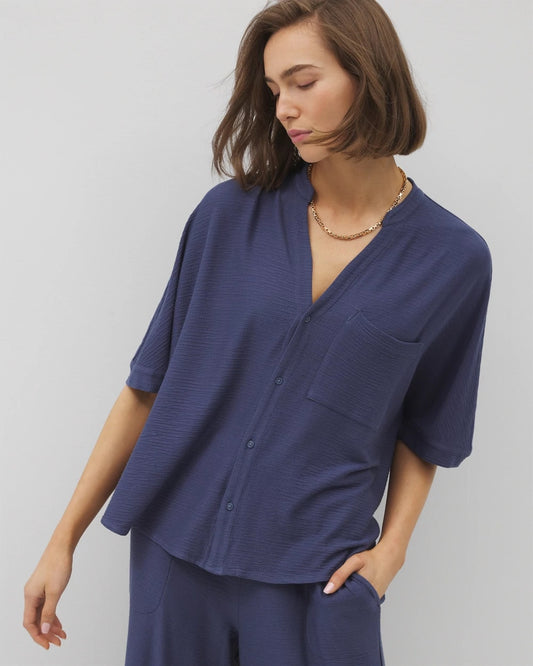 Soma Crinkle Knit Relaxed Button-Up Top