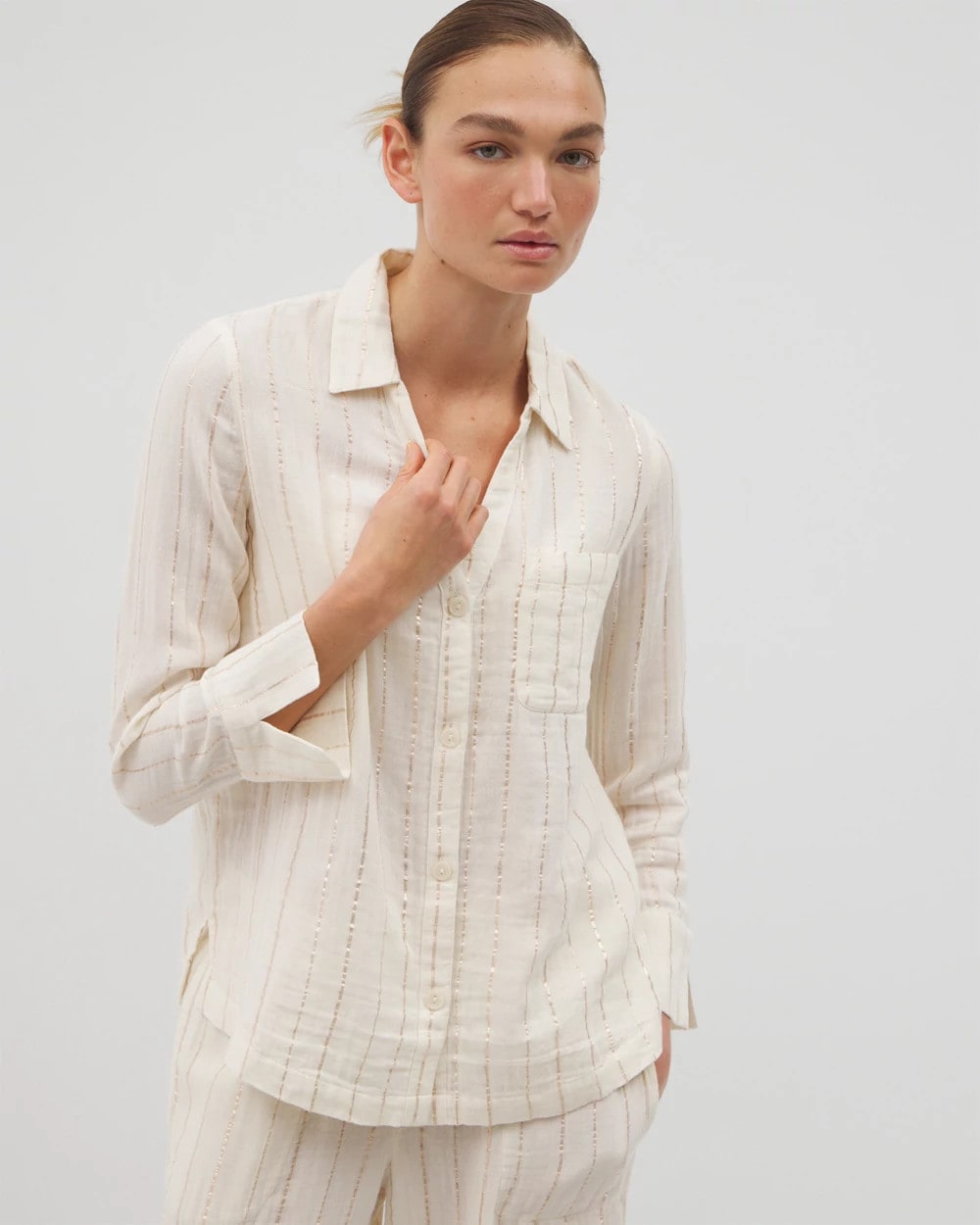 Soma Cotton Gauze Long Sleeve Notch Collar Pajama Top