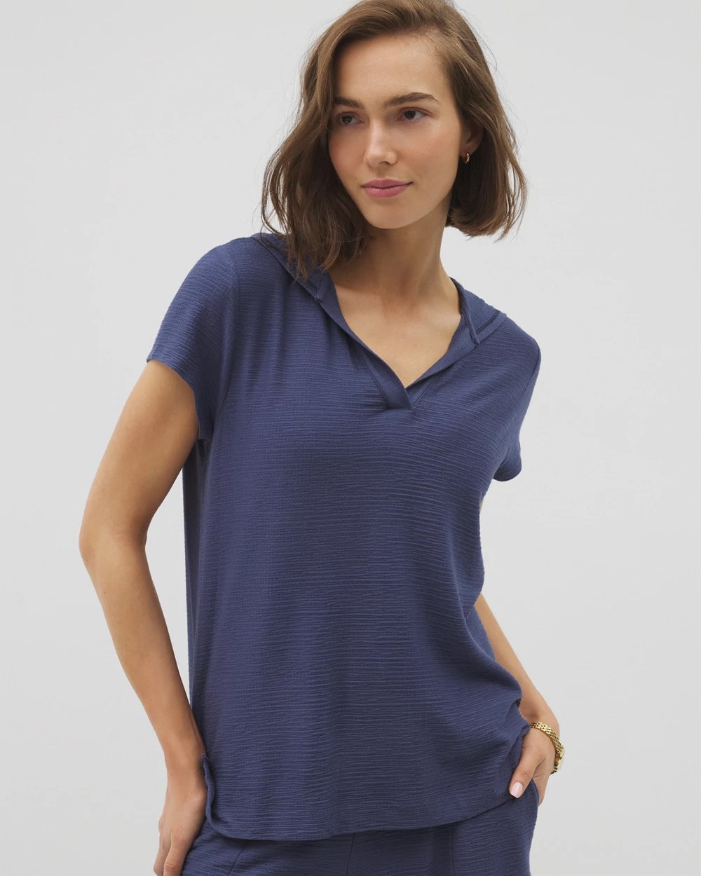 Soma Crinkle Knit Short Sleeve V-Neck Hoodie