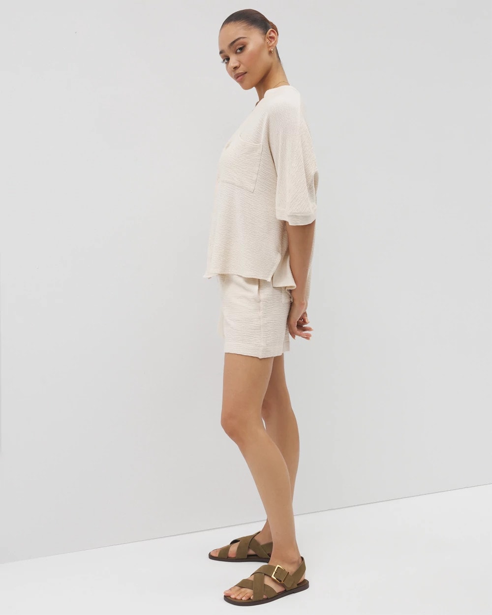Soma Crinkle Knit Relaxed Button-Up Top